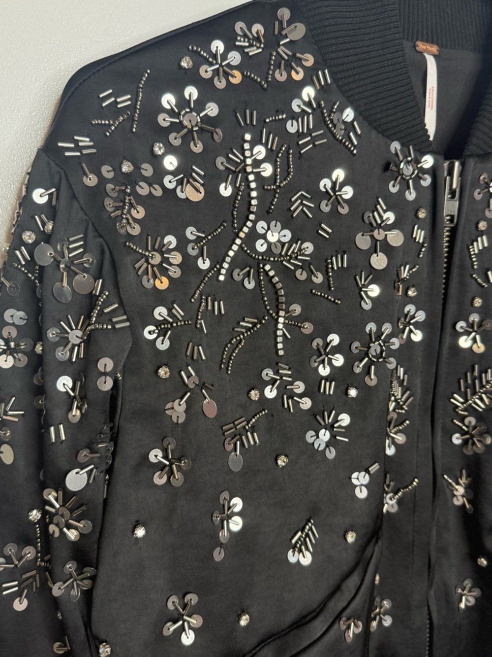 Free People Stassi Embellished Bomber jacket Black Silver Beaded Sequins XS NWT - Picture 4 of 11